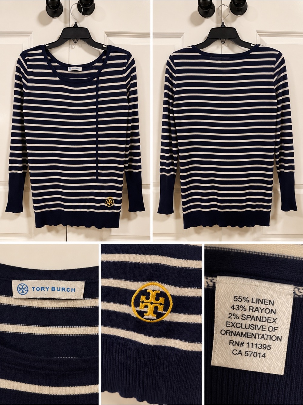 Tory Burch Navy and White Striped Crewneck Sweater with Gold Logo